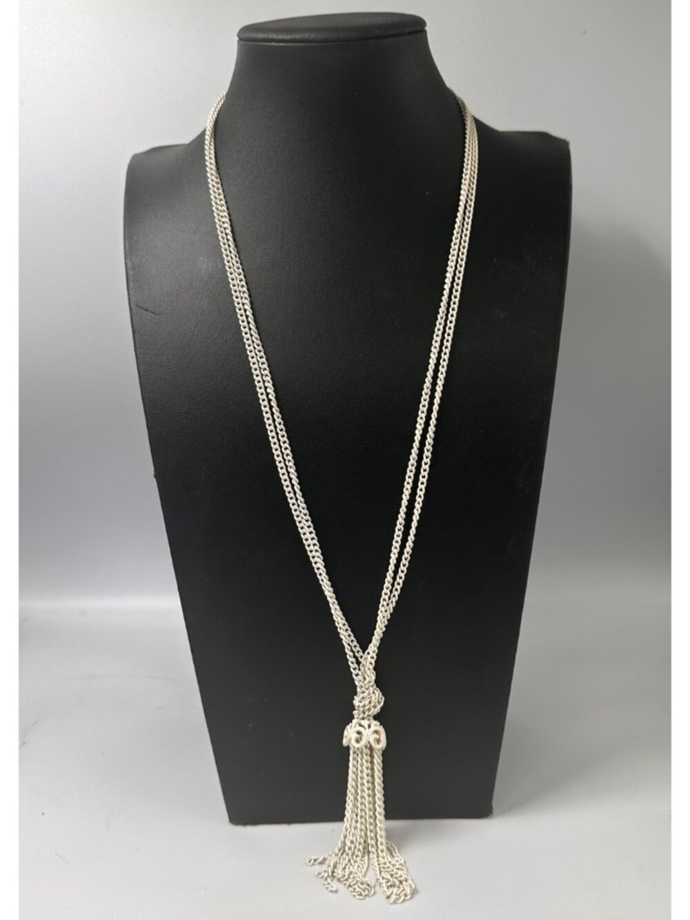 3/$30 Vintage Monet Tassel Necklace White Multi Strand Chain Link Silver Tone